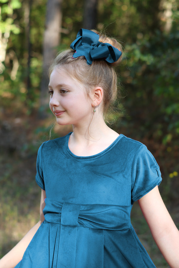 Millie Loves Lily Girls' Teal Rib Velour Short Sleeve Dress With Bow Waistband