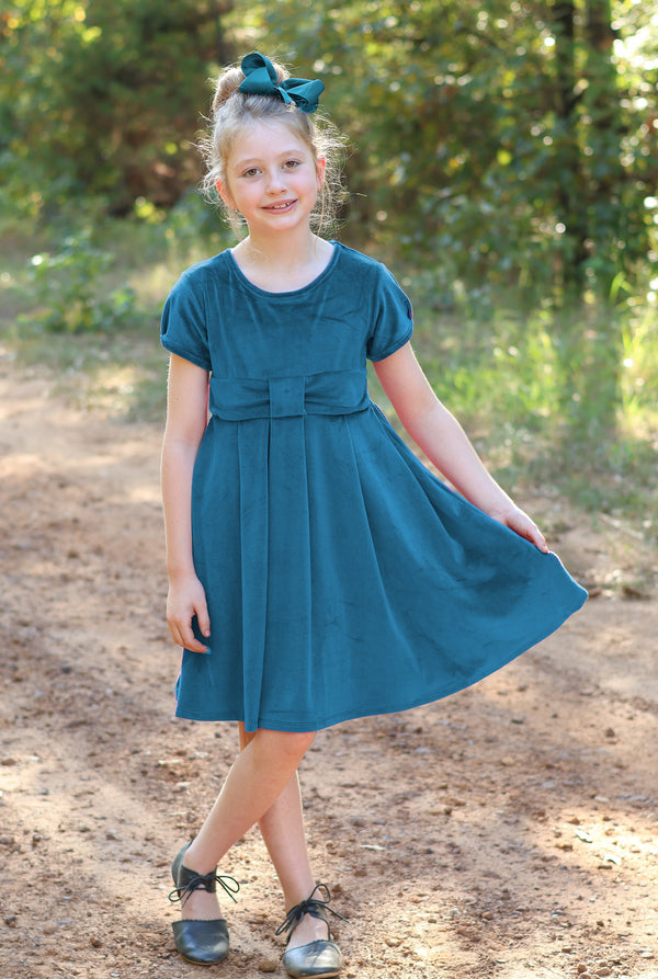 Millie Loves Lily Girls' Teal Rib Velour Short Sleeve Dress With Bow Waistband