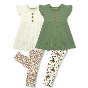 Two children's tops one white and one green, with patterned leggings on a white background.