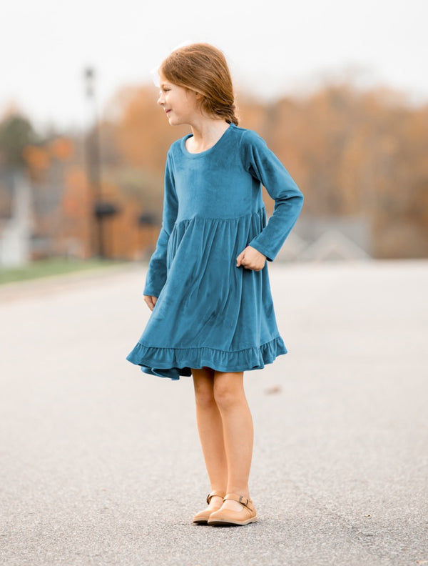 Millie Loves Lily Girls'Teal Rib Velour Long Sleeve Dress With Ruffle