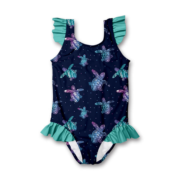 Navy Turtle Sky Ruffle-Accent One-Piece