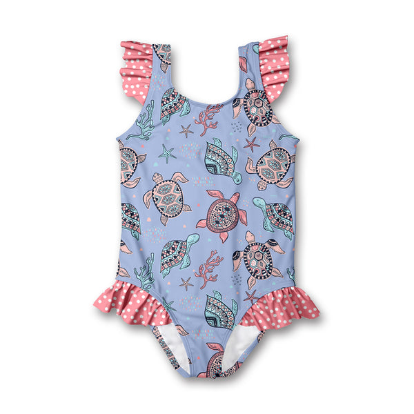 Periwinkle Aztec Turtle Ruffle-Accent One-Piece