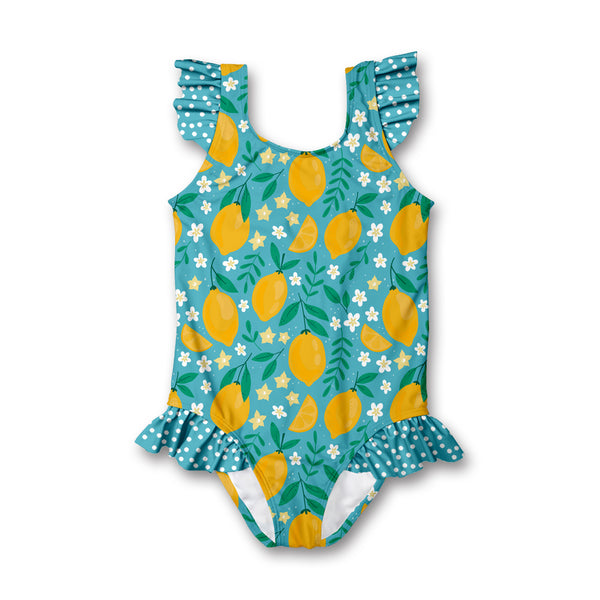 Turquoise Lemon Ruffle-Accent One-Piece