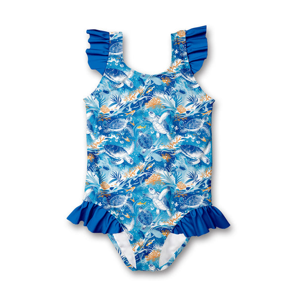 Blue Ocean Turtle Ruffle-Accent One-Piece