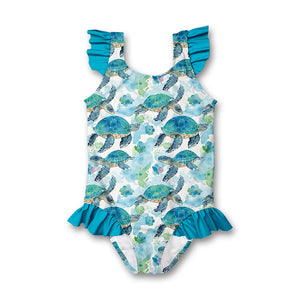 Turquoise Turtle Wonder Ruffle-Accent One-Piece