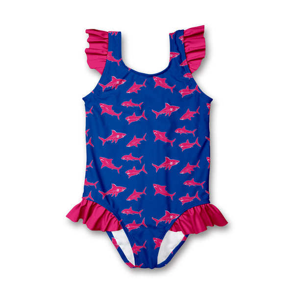 Blue Shark Ruffle-Accent One-Piece