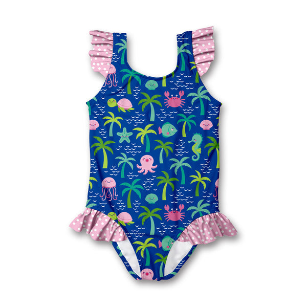 Blue Paradise Island Ruffle-Accent One-Piece