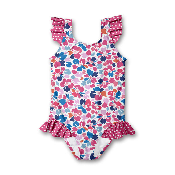 White Block Floral Ruffle-Accent One-Piece