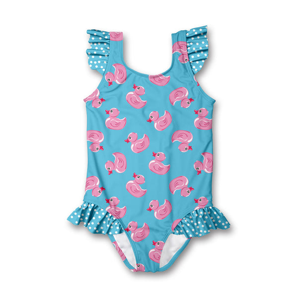 Turquoise Duckies Ruffle-Accent One-Piece