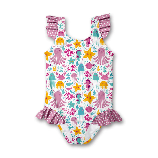 White Ocean Wonder Ruffle-Accent One-Piece