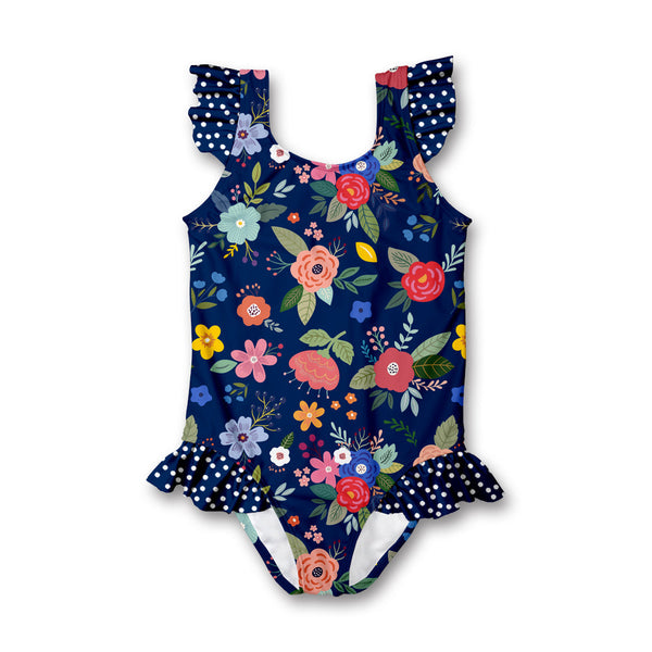 Dark Navy Four Florals Ruffle-Accent One-Piece