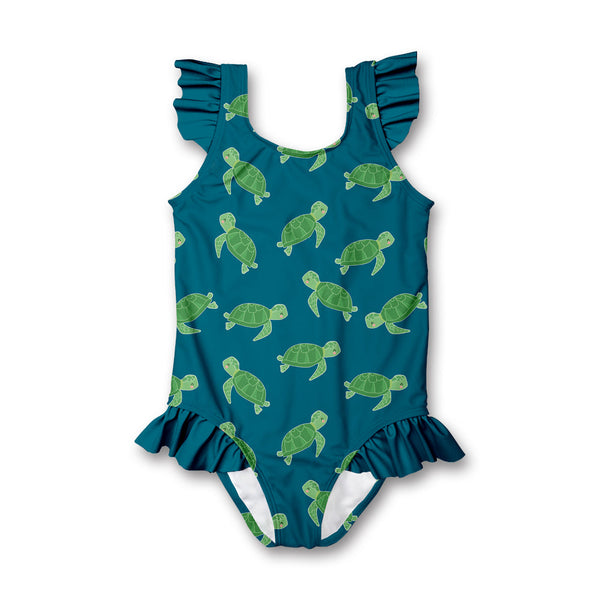 Teal Turtle Rock Ruffle-Accent One-Piece