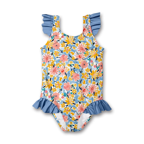 Blue Floral Filigree Ruffle-Accent One-Piece