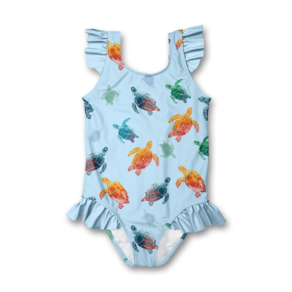 Ice Blue Turtle Dive Ruffle-Accent One-Piece