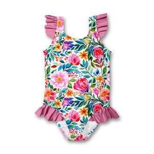 Kids White Becky Floral Ruffle-Accent One-Piece