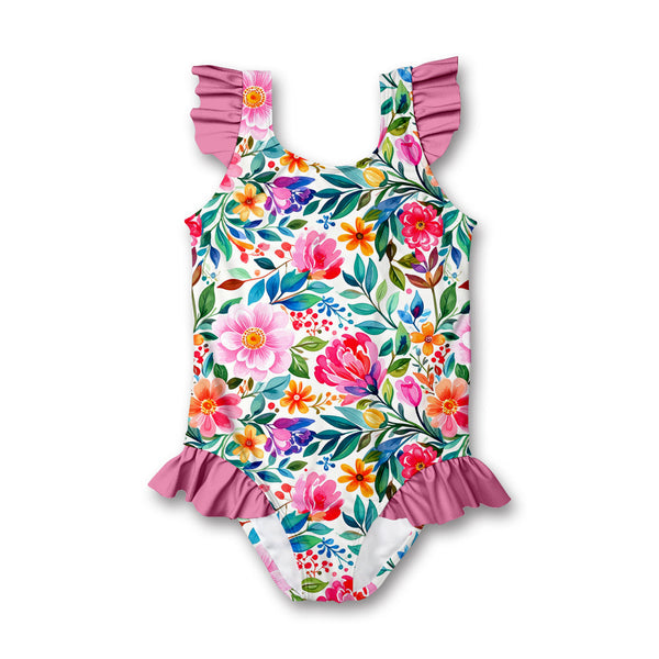 Kids White Becky Floral Ruffle-Accent One-Piece