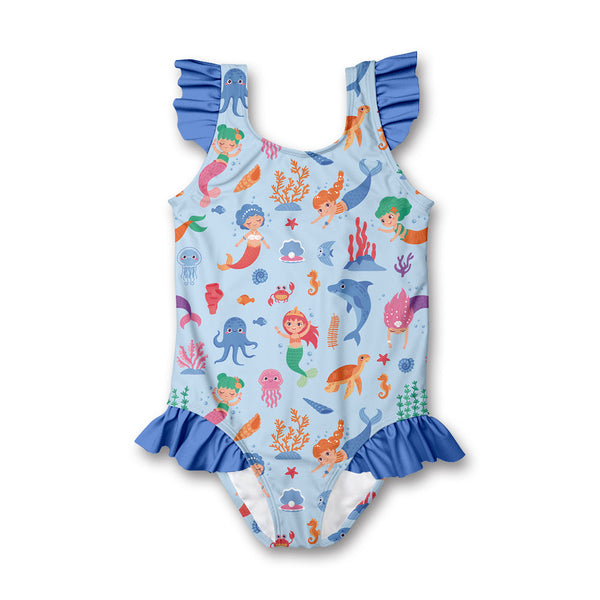 Kids Periwinkle Mermaid Sea Ruffle-Accent One-Piece