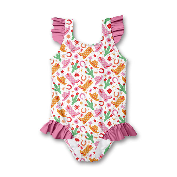 Kids White Western Style Ruffle-Accent One-Piece