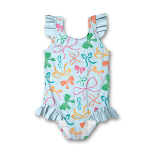 Kids Pale Blue Bows Ruffle-Accent One-Piece