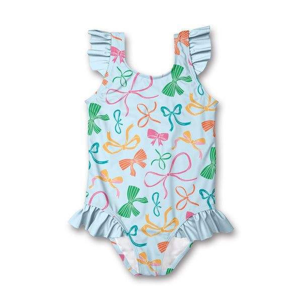 Kids Pale Blue Bows Ruffle-Accent One-Piece