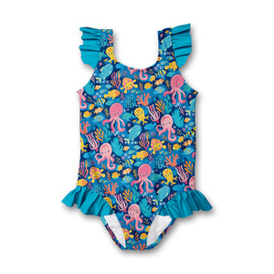 Kids Blue Silly Sea Life Ruffle-Accent One-Piece