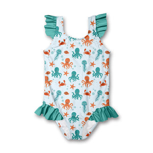 Kids Pale Blue Octopus Sea Ruffle-Accent One-Piece