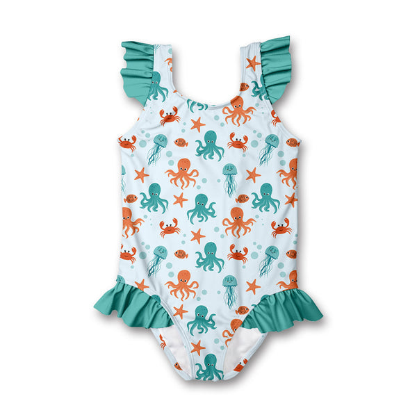 Kids Pale Blue Octopus Sea Ruffle-Accent One-Piece
