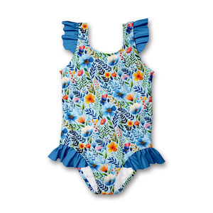 Kids Pale Blue Rainbow Floral Ruffle-Accent One-Piece