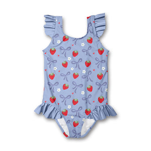Kids Periwinkle Strawberries & Bows Ruffle-Accent One-Piece