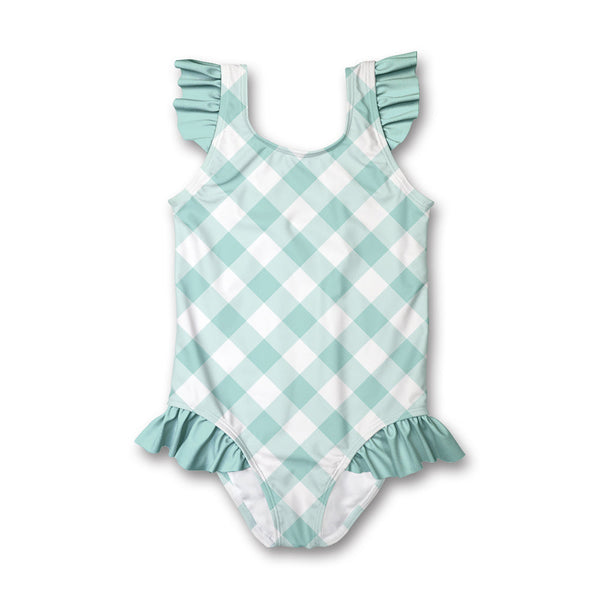 Mint Gingham Ruffle-Accent One-Piece