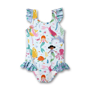 Kids Ice Blue Coral Reef Mermaid Ruffle-Accent One-Piece