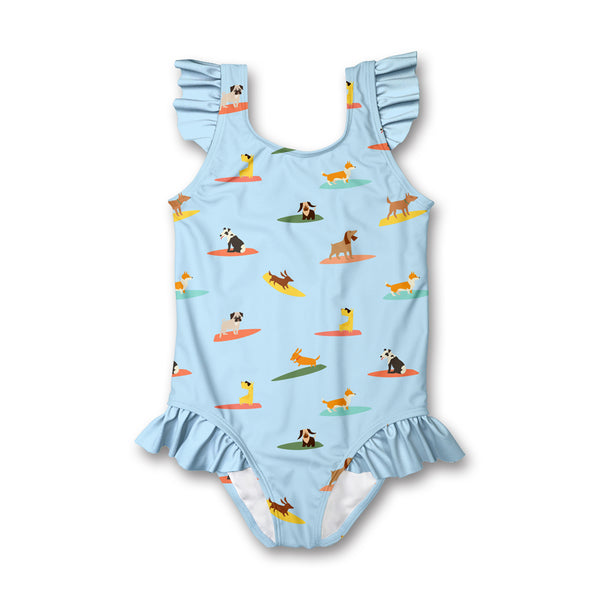 Pale Blue Doggie Surf Ruffle-Accent One-Piece