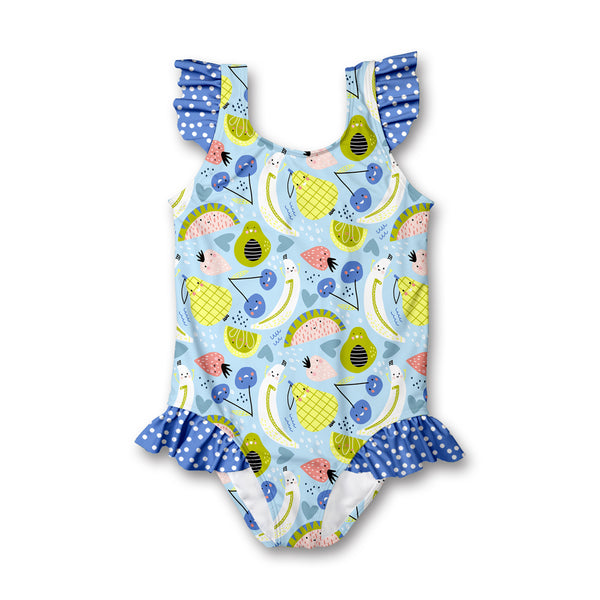 Ice Blue Fruit Friends Ruffle-Accent One-Piece