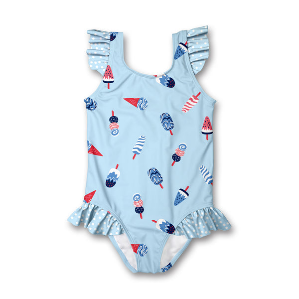 Ice Blue Icecream Swirl Ruffle-Accent One-Piece