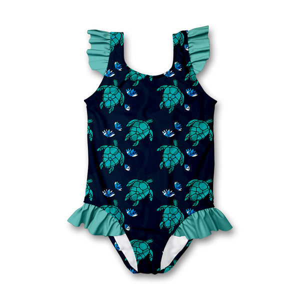 Dark Navy Glass Turtles Ruffle-Accent One-Piece