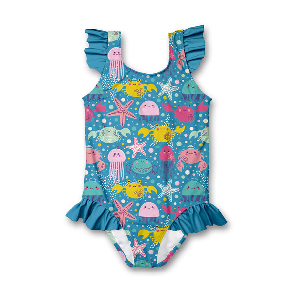 Teal Octopus Sea Ruffle-Accent One-Piece