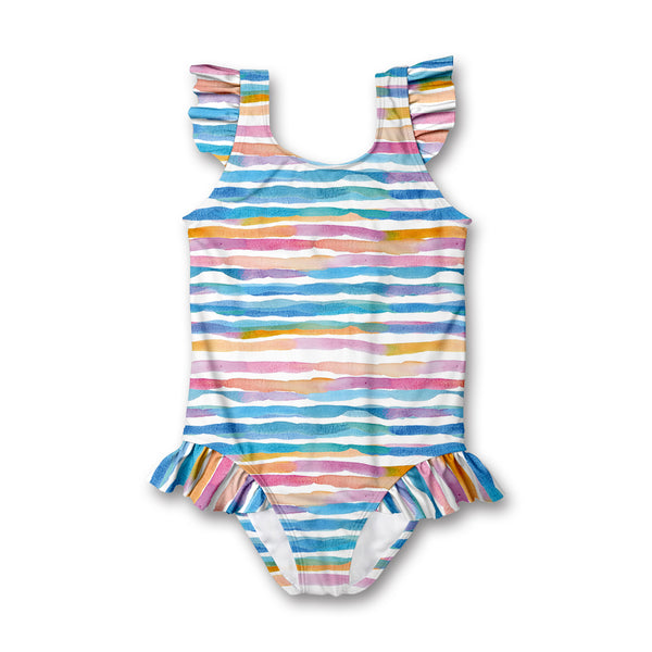 Turquoise Water Stripe Ruffle-Accent One-Piece