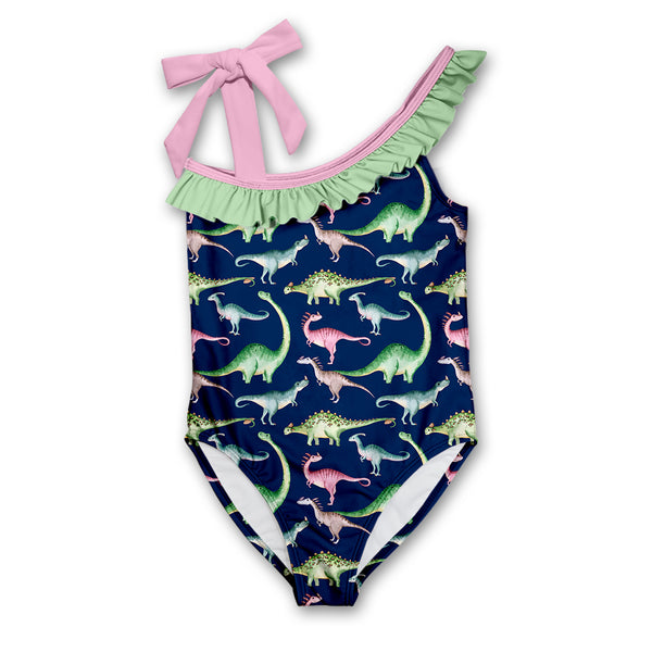 Navy Dino Dynamic Bow-Accent Asymmetrical One-Piece