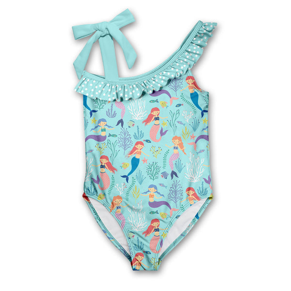 Mint Mermaid Bow-Accent Asymmetrical One-Piece