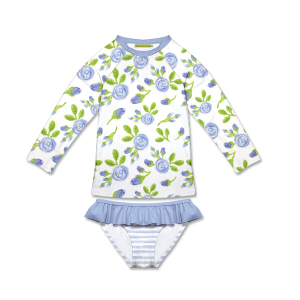 White & Periwinkle Floral Long-Sleeve Rashguard Set