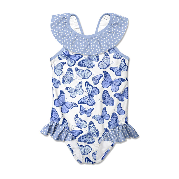 Blue Butterfly Bow Ruffle-Accent Yoke One-Piece