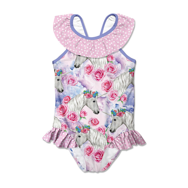 Pink Unicorn Rose Bow Ruffle-Accent Yoke One-Piece