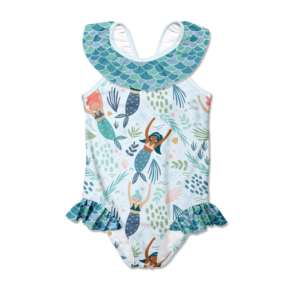 Ice Blue Christie Mermaid Bow Ruffle-Accent Yoke One-Piece