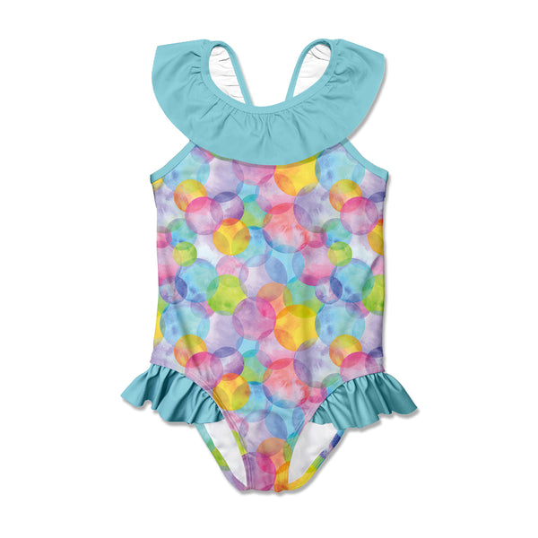 Turquoise Bubbles Bow Ruffle-Accent Yoke One-Piece