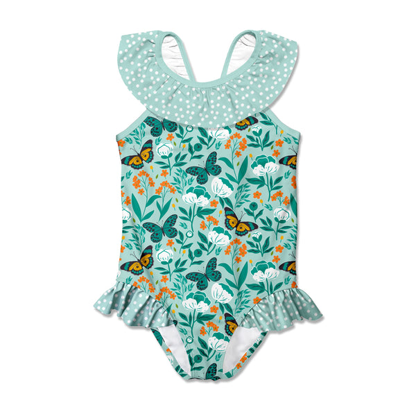 Mint Butterfly Betty Bow Ruffle-Accent Yoke One-Piece