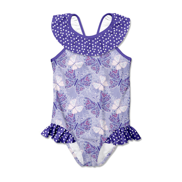 Orchid Petal Butterfly Jewel Bow Ruffle-Accent Yoke One-Piece