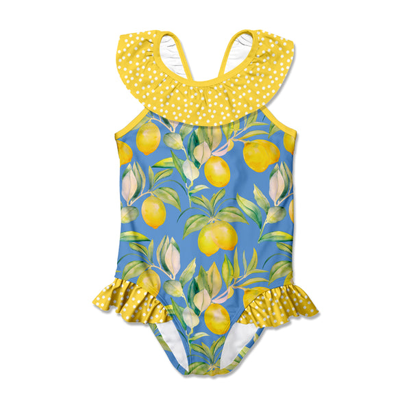 Blue & Yellow Lemon Bow Ruffle-Accent Yoke One-Piece