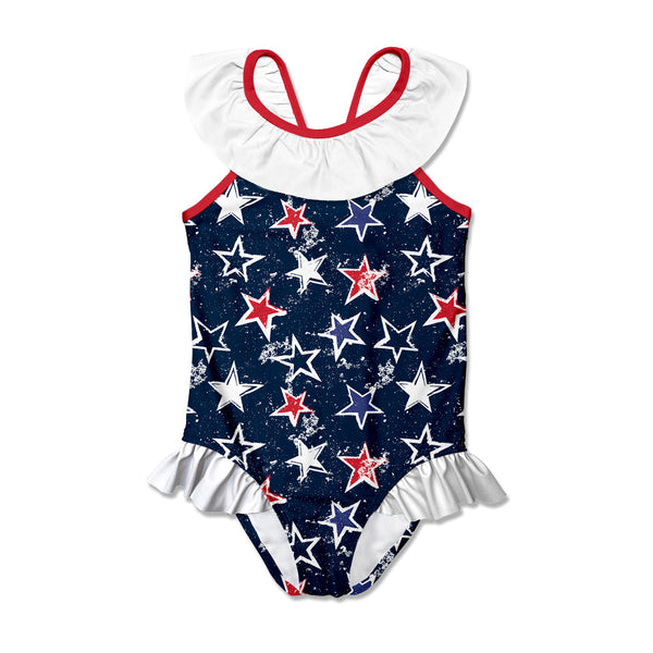 Dark Navy Star Bow Ruffle-Accent Yoke One-Piece