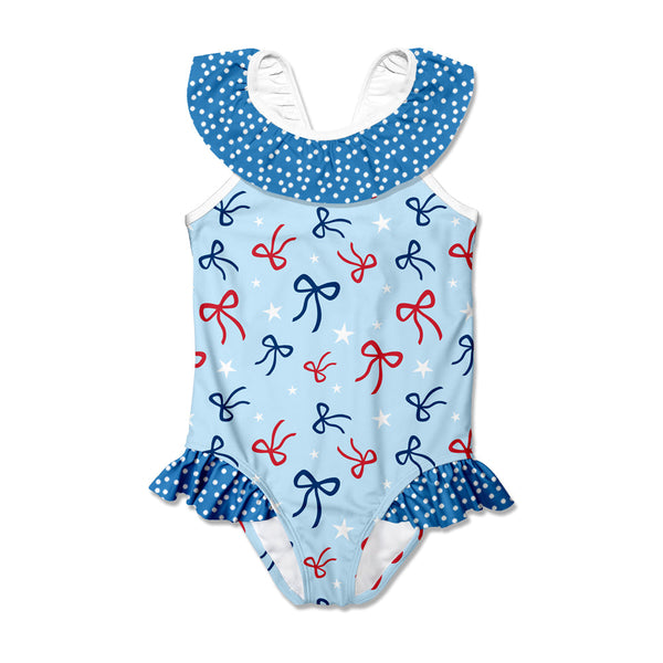 Ice Blue Bows Bow Ruffle-Accent Yoke One-Piece