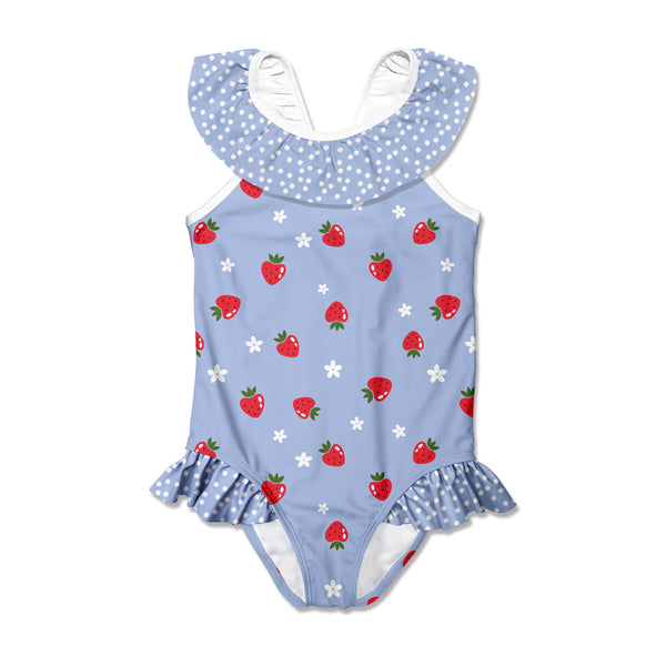 Kids Periwinkle Strawberries Bow Ruffle-Accent Yoke One-Piece